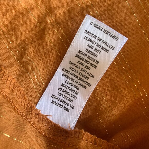 Burnt Orange Sz M Blouse Gold Lurex Lace Tie Front Boho Puff Sleeve Fall Autumn - Picture 6 of 6